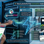 Infográfico comparativo sobre conversão entre PrestaShop e Shopify, mostrando Shopify para resultados rápidos e PrestaShop para personalização e escala de longo prazo.