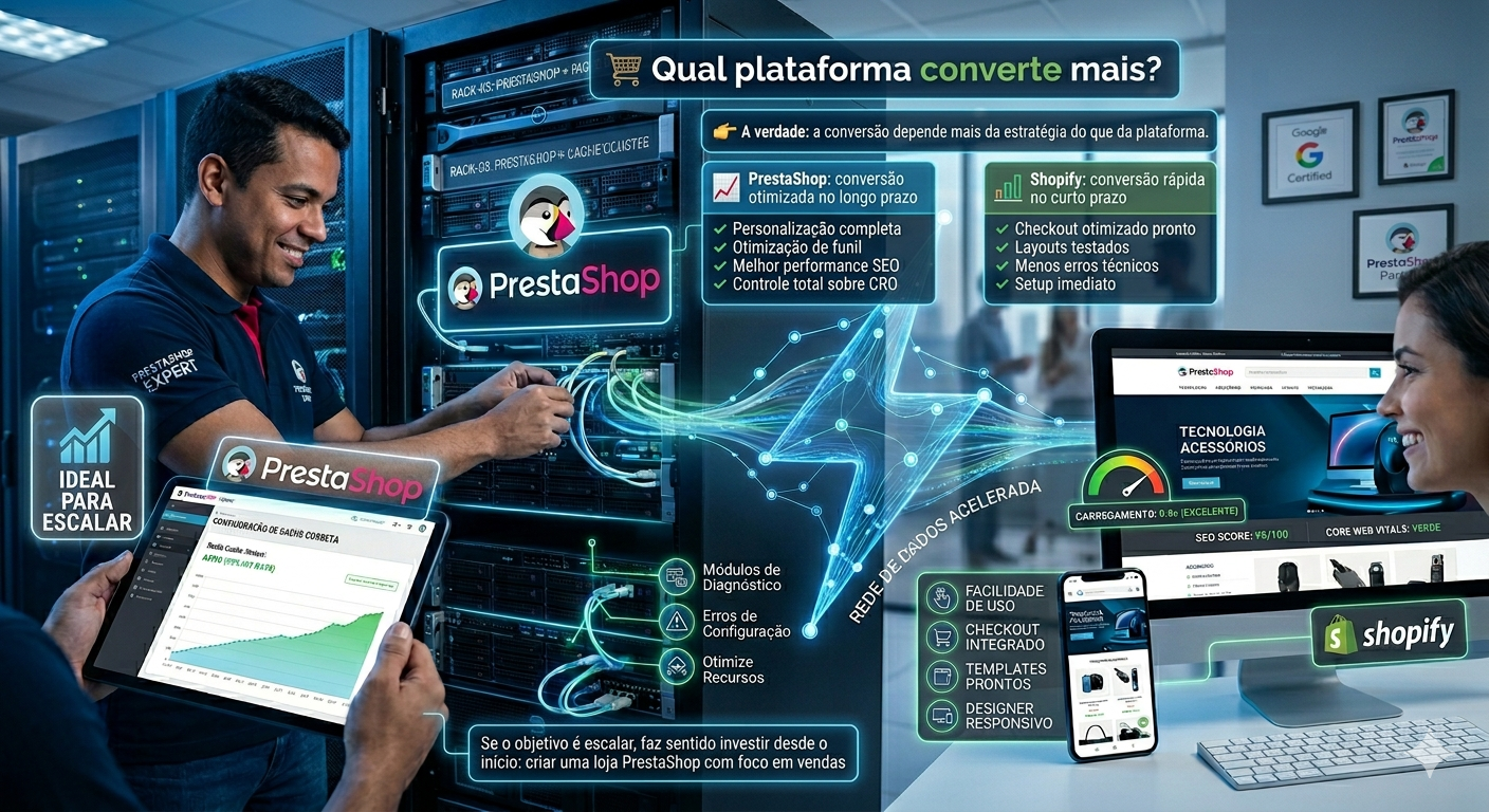 Infográfico comparativo sobre conversão entre PrestaShop e Shopify, mostrando Shopify para resultados rápidos e PrestaShop para personalização e escala de longo prazo.