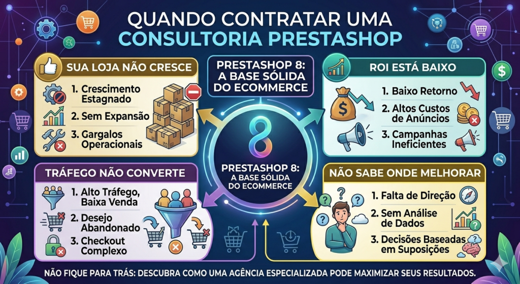Infográfico moderno "Quando contratar uma Consultoria PrestaShop". Apresenta quatro cenários críticos: Loja não cresce, ROI baixo, Tráfego não converte e Falta de direção. Design elegante com ícones de diagnóstico e foco em soluções para estagnação de vendas.