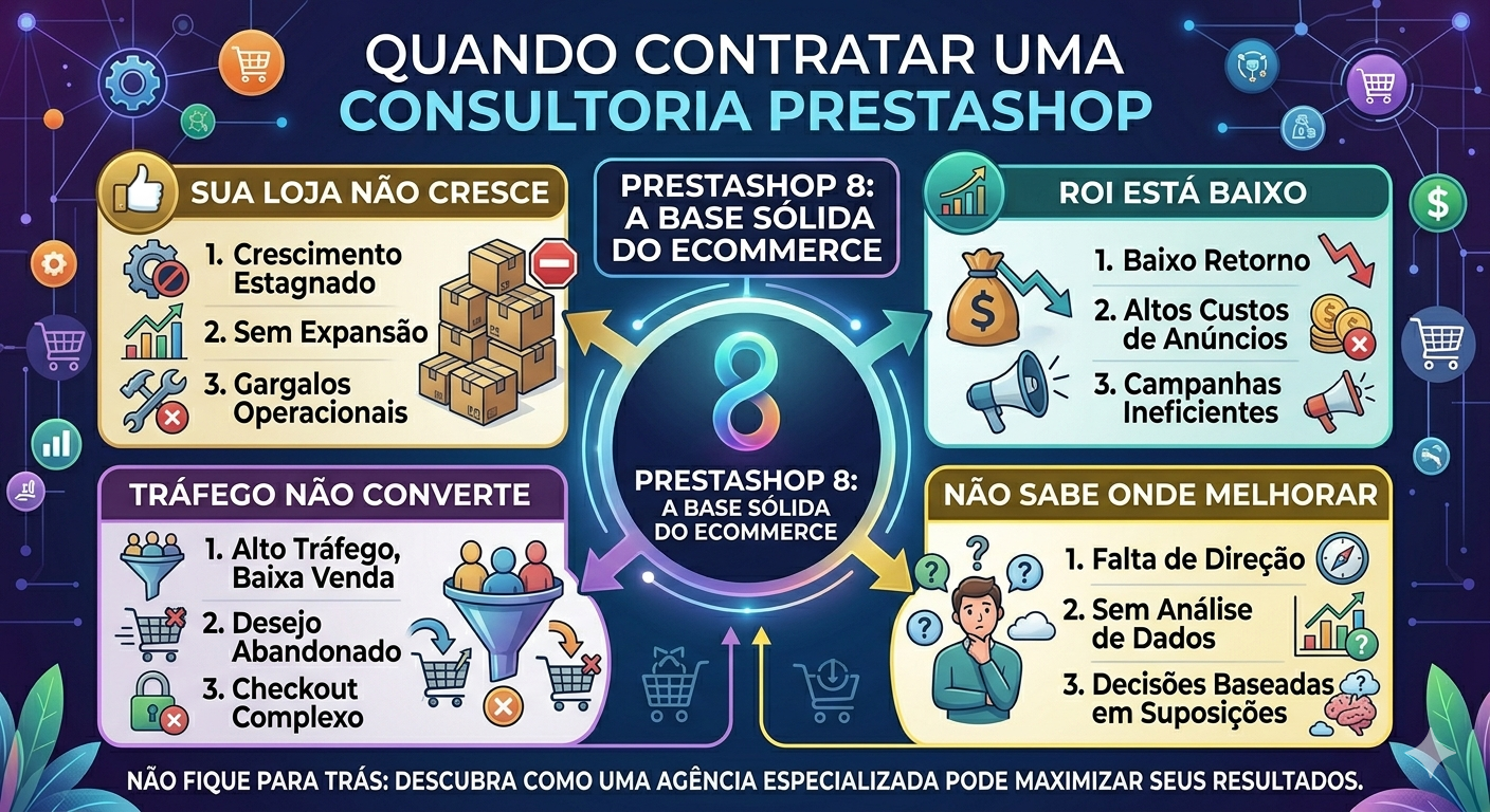 Infográfico moderno "Quando contratar uma Consultoria PrestaShop". Apresenta quatro cenários críticos: Loja não cresce, ROI baixo, Tráfego não converte e Falta de direção. Design elegante com ícones de diagnóstico e foco em soluções para estagnação de vendas.