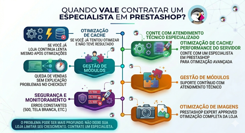 PrestaShop lento: como resolver e deixar sua loja muito mais rápida 2 Infográfico detalhando sinais para contratar um especialista PrestaShop: loja lenta após otimizações, erros 500 constantes, queda de vendas e problemas no checkout.