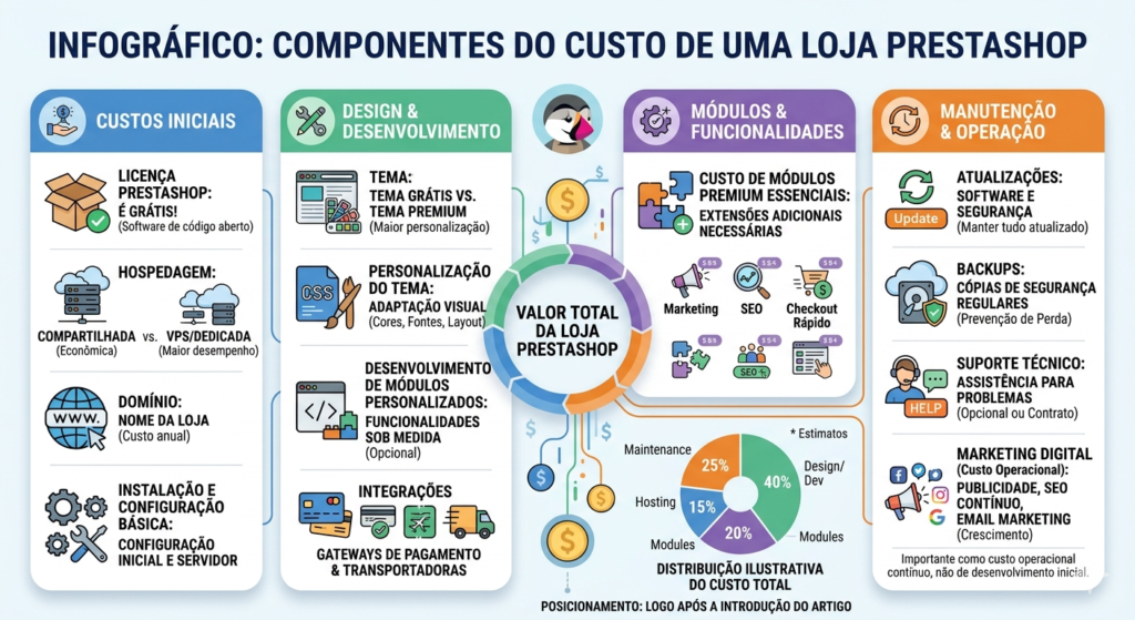 Infográfico detalhado mostrando os quatro principais pilares de custo para desenvolver uma loja PrestaShop: Custos Iniciais, Design & Desenvolvimento, Módulos & Funcionalidades, e Manutenção & Operação, com exemplos de cada categoria e uma distribuição ilustrativa do custo total.