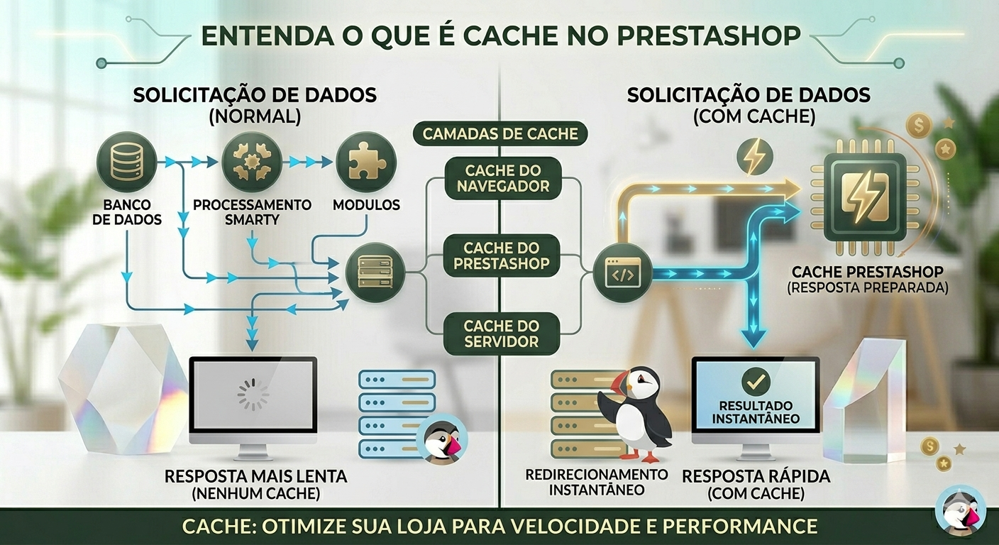 Diagrama comparativo mostrando o processamento lento sem cache (banco de dados e módulos) versus a resposta instantânea com cache (dados preparados).