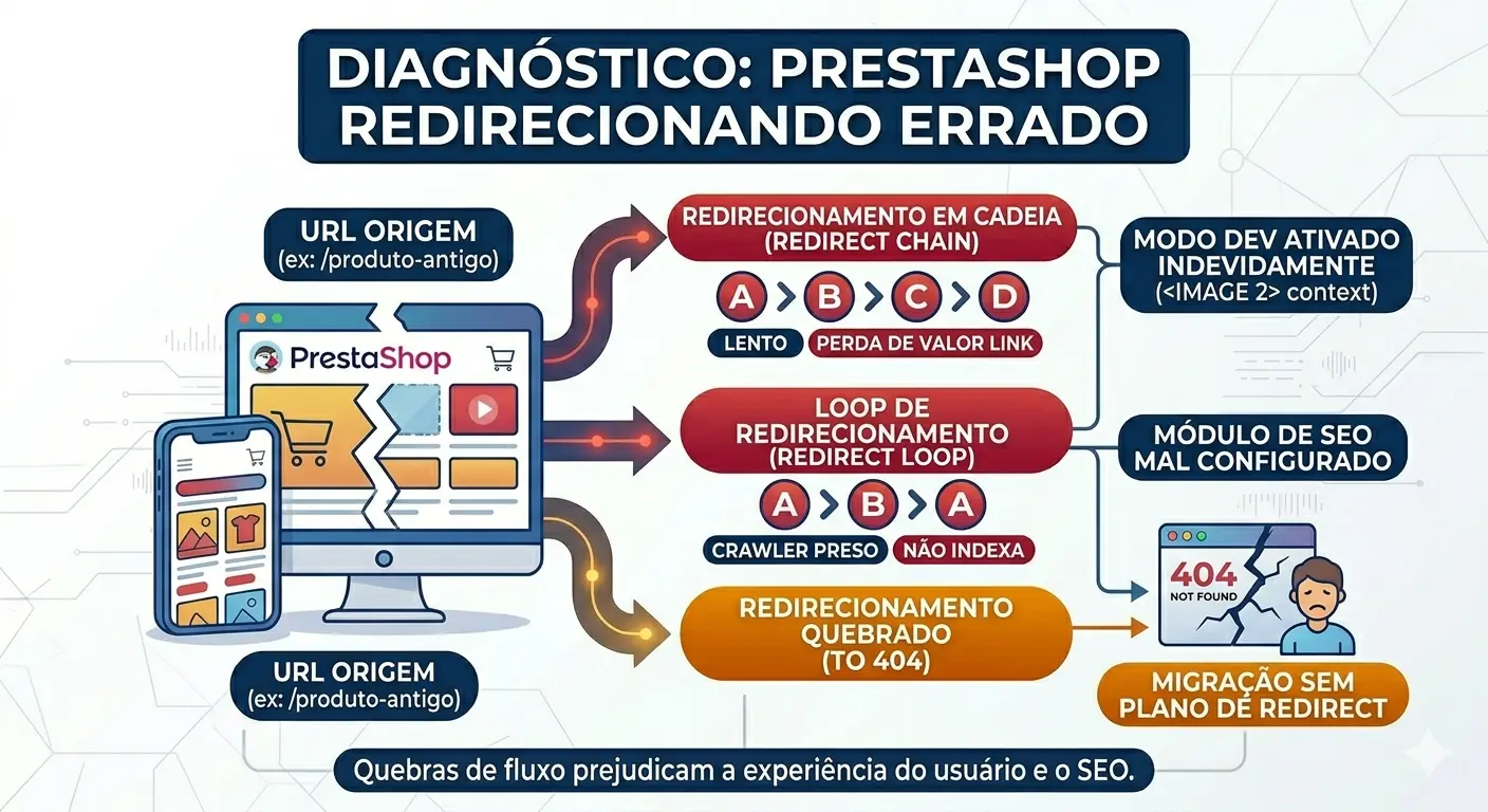 PrestaShop redirecionando errado: loop de redirect infinito e impacto no tráfego.