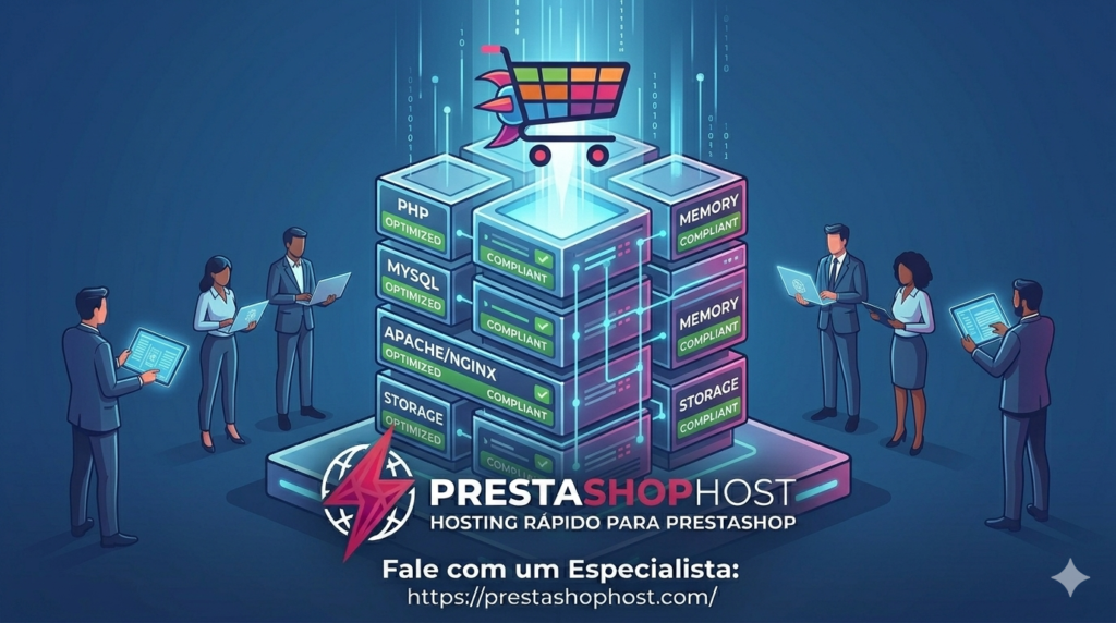 Requisitos de Servidor PrestaShop: Guia Completo 1 Infográfico conceitual mostrando uma estrutura de servidor robusta e moderna sendo construída sobre o logo completo da PrestaShopHost, com o carrinho de compras PrestaShop decolando a partir do topo otimizado e a frase de destaque "Fale com um Especialista" visível na base da fundação.