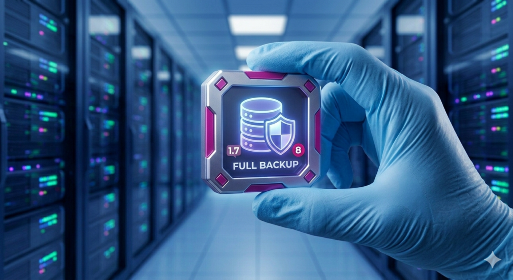 Close de uma mão enluvada segurando um módulo metálico de segurança com a inscrição 'FULL BACKUP' e um escudo sobre um servidor de banco de dados. Os números '1.7' e '8' estão visíveis. Fundo de servidor desfocado.