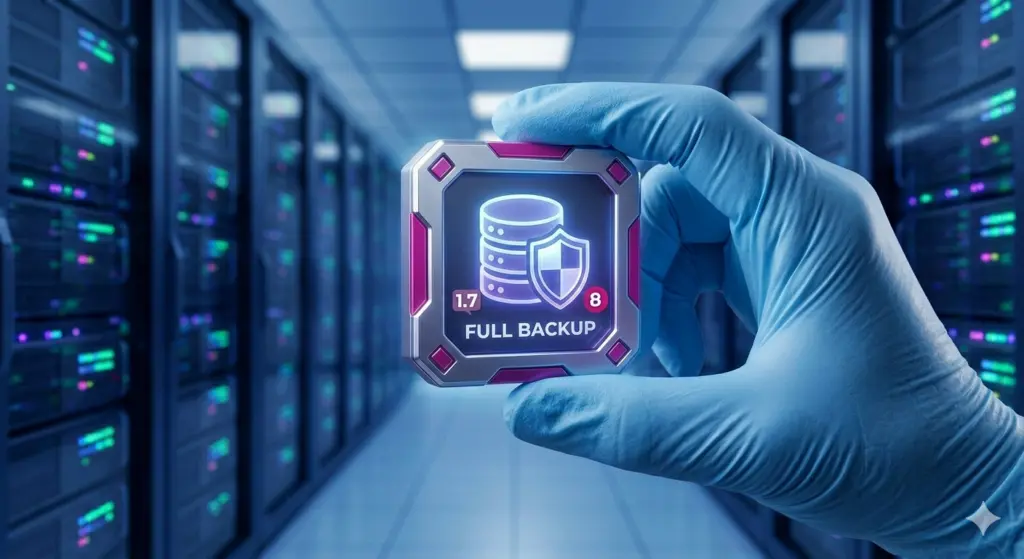 Atualizar PrestaShop 1.7 para 8: guia completo para fazer upgrade com segurança 3 Close de uma mão enluvada segurando um módulo metálico de segurança com a inscrição 'FULL BACKUP' e um escudo sobre um servidor de banco de dados. Os números '1.7' e '8' estão visíveis. Fundo de servidor desfocado.