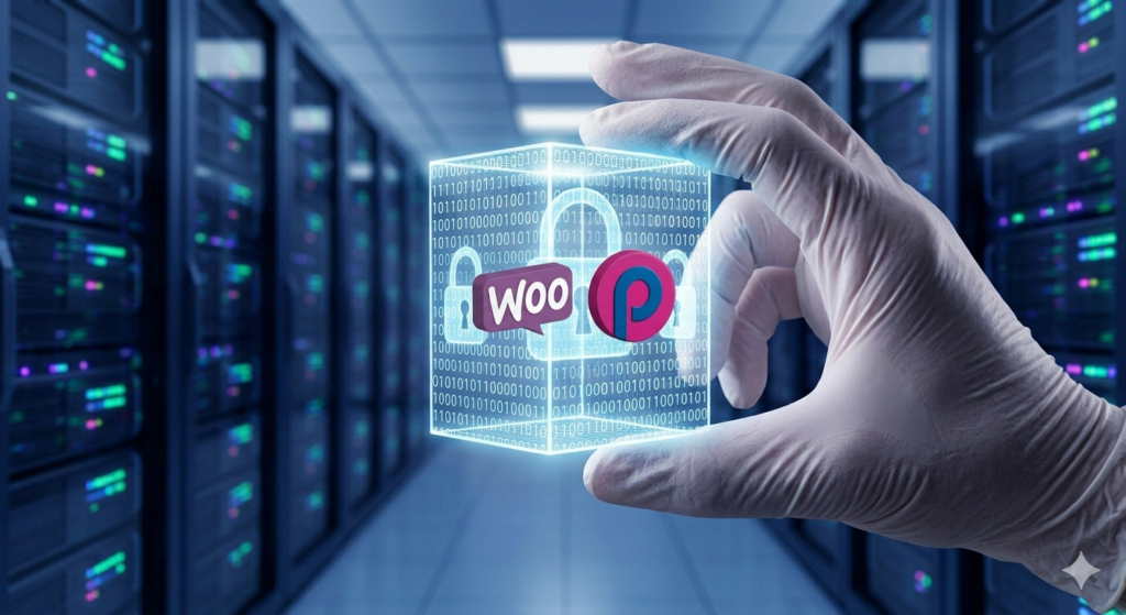 Close de uma mão enluvada segurando um bloco de dados transparente e brilhante com cadeados e código binário. Dentro dele, os logos WooCommerce e PrestaShop estão protegidos. Fundo de servidor desfocado.