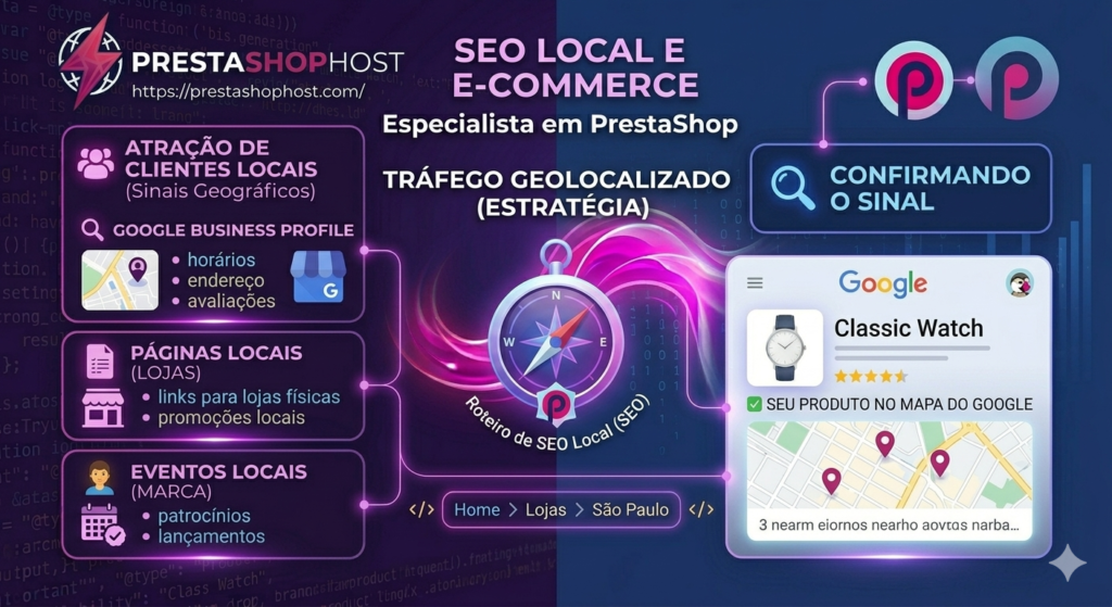 Infográfico de SEO local com JSON-LD gerando resultados no Google Local Pack.