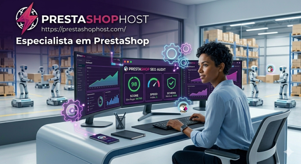 Especialista analisa métricas de SEO em monitores com alto desempenho no PrestaShop.