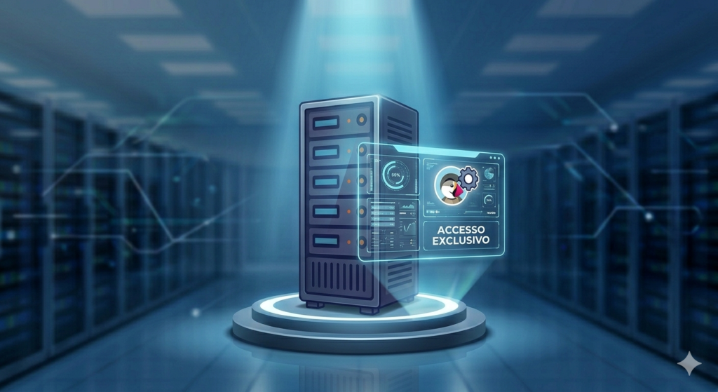 Imagem de alta tecnologia mostrando um único e imponente rack de servidor metálico em um data center futurista, isolado sob um feixe de luz azul e com um painel de controle holográfico exibindo métricas complexas e o logo do PrestaShop.