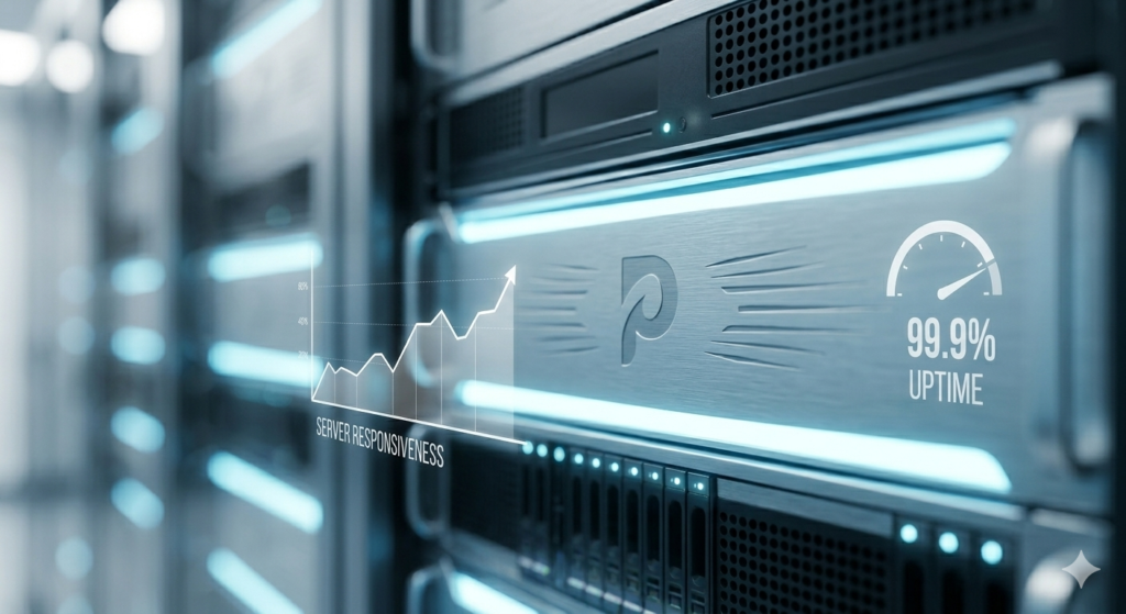 Como Migrar para PrestaShop 8: Guia Completo de SEO, Performance e Infraestrutura 2 Close-up conceitual de um servidor rack num data center brilhando em azul-frio, com um logotipo PrestaShop sutil e sobreposição de dados de uptime e resposta.