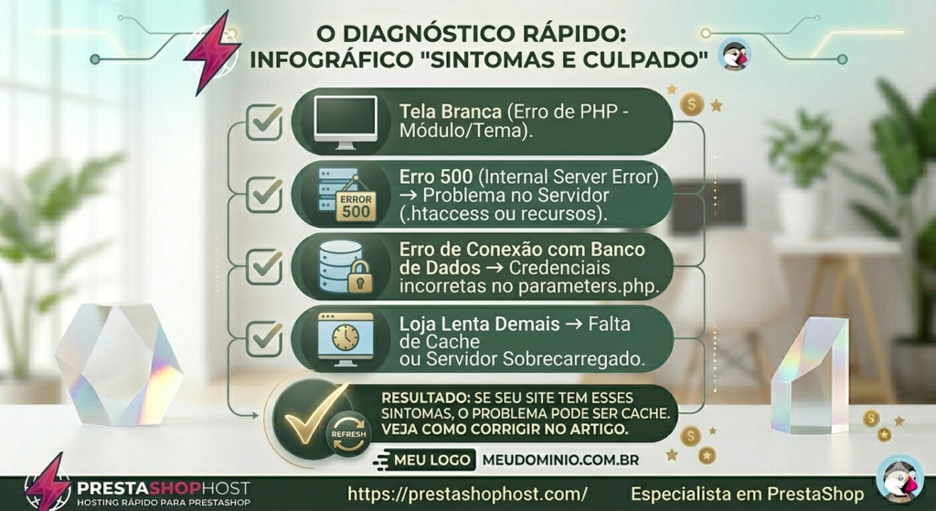 Infográfico em tons de verde com a marca PrestaShopHost e ícones de checklist relacionando sintomas como Tela Branca, Erro 500 e Loja Lenta às suas respectivas causas técnicas.