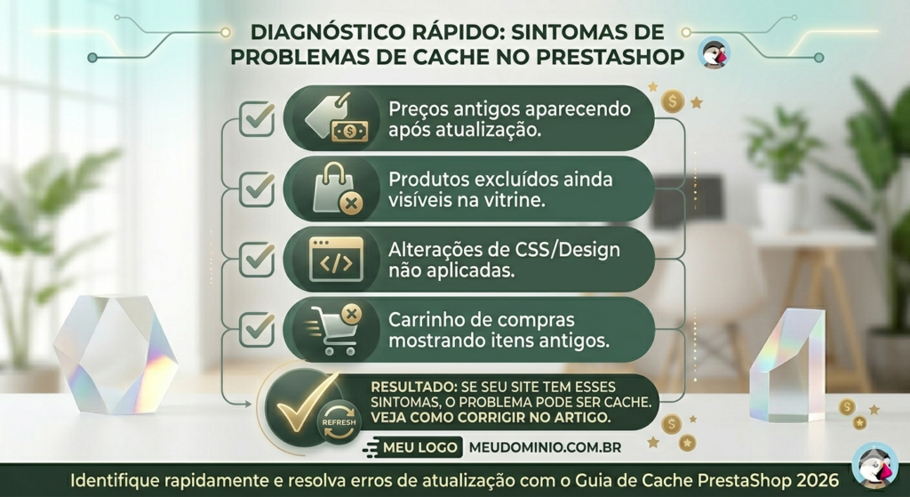 Infográfico em tons de verde com ícones de checklist listando problemas como preços antigos, produtos excluídos visíveis e alterações de design que não carregam.