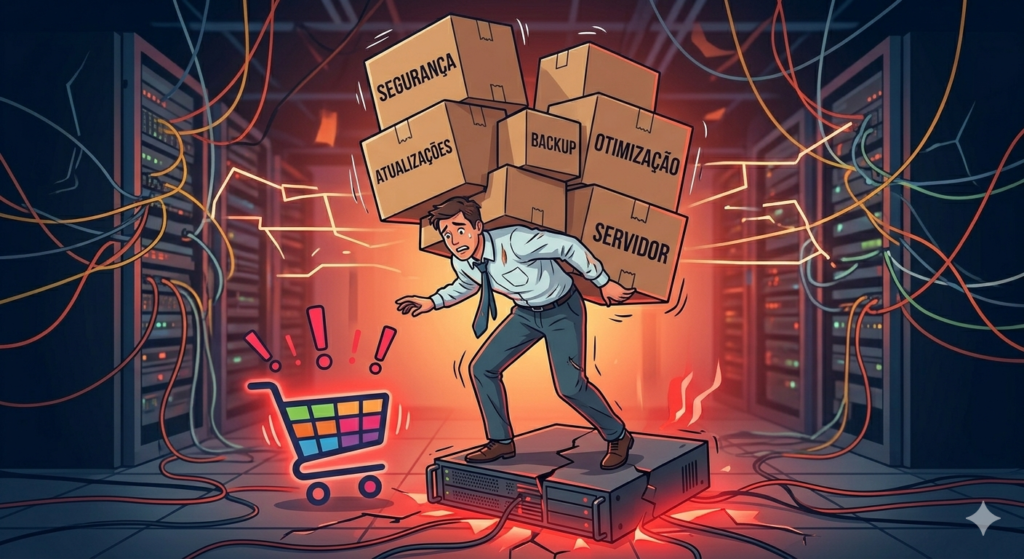 Ilustração de um lojista sobrecarregado equilibrando caixas pesadas de tarefas técnicas (Segurança, Atualizações, Backup, Servidor) sobre um servidor instável e com o logo do PrestaShop piscando em vermelho.