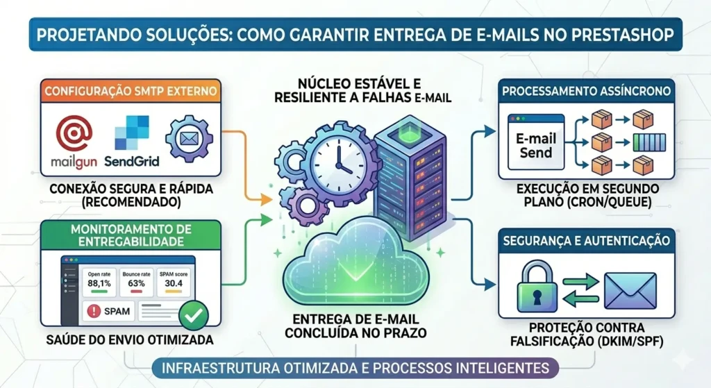 Soluções para e-mails PrestaShop via SMTP externo e autenticação segura.