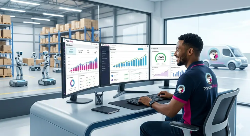 Migrar WooCommerce para PrestaShop: Guia completo 1 Uma desenvolvedora web sorrindo em um escritório moderno, olhando para três monitores com gráficos de vendas crescentes e um score de '100% PERFORMANCE' no dashboard PrestaShop. Ao fundo, um armazém automatizado e a logo PrestaShop.