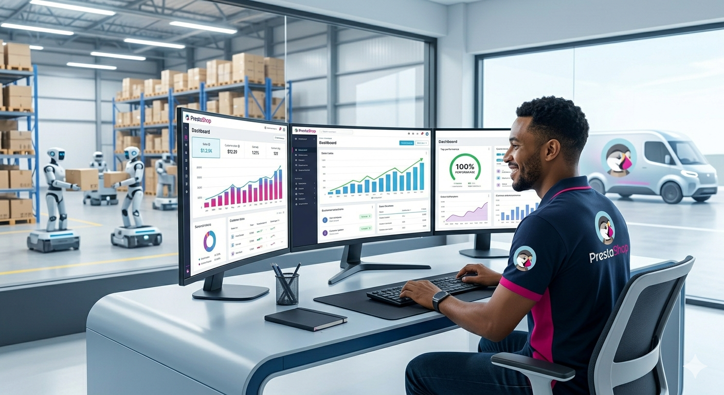 Uma desenvolvedora web sorrindo em um escritório moderno, olhando para três monitores com gráficos de vendas crescentes e um score de '100% PERFORMANCE' no dashboard PrestaShop. Ao fundo, um armazém automatizado e a logo PrestaShop.