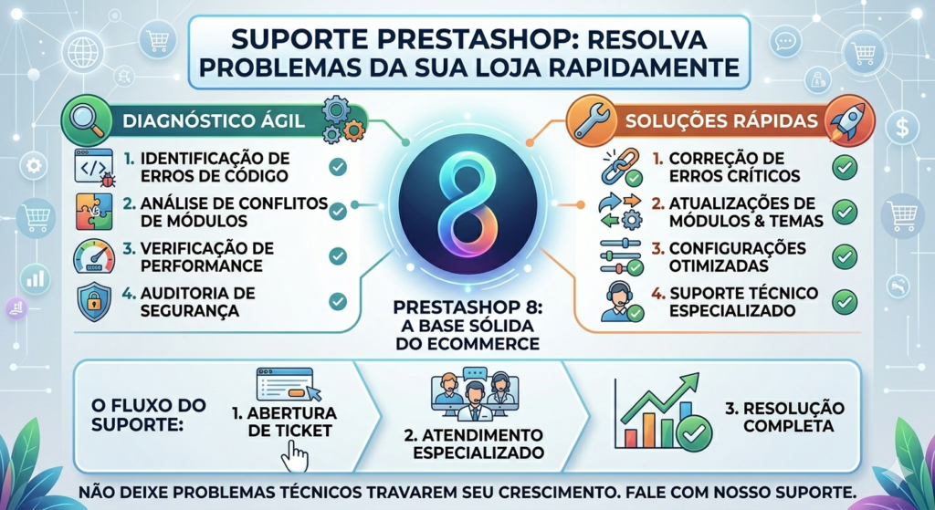 Infográfico de e-commerce "Suporte PrestaShop: Resolva Problemas da Sua Loja Rapidamente" com design clean, moderno e profissional. No centro, o logo circular do PrestaShop 8 com a frase "A base sólida do e-commerce". Duas seções radiantes: Diagnóstico Ágil (identificação de erros, análise de conflitos, verificação de performance e auditoria de segurança) e Soluções Rápidas (correção de erros críticos, atualizações, configurações otimizadas, suporte técnico especializado). Painel inferior mostra o fluxo do suporte em três passos: abertura de ticket, atendimento especializado e resolução completa.