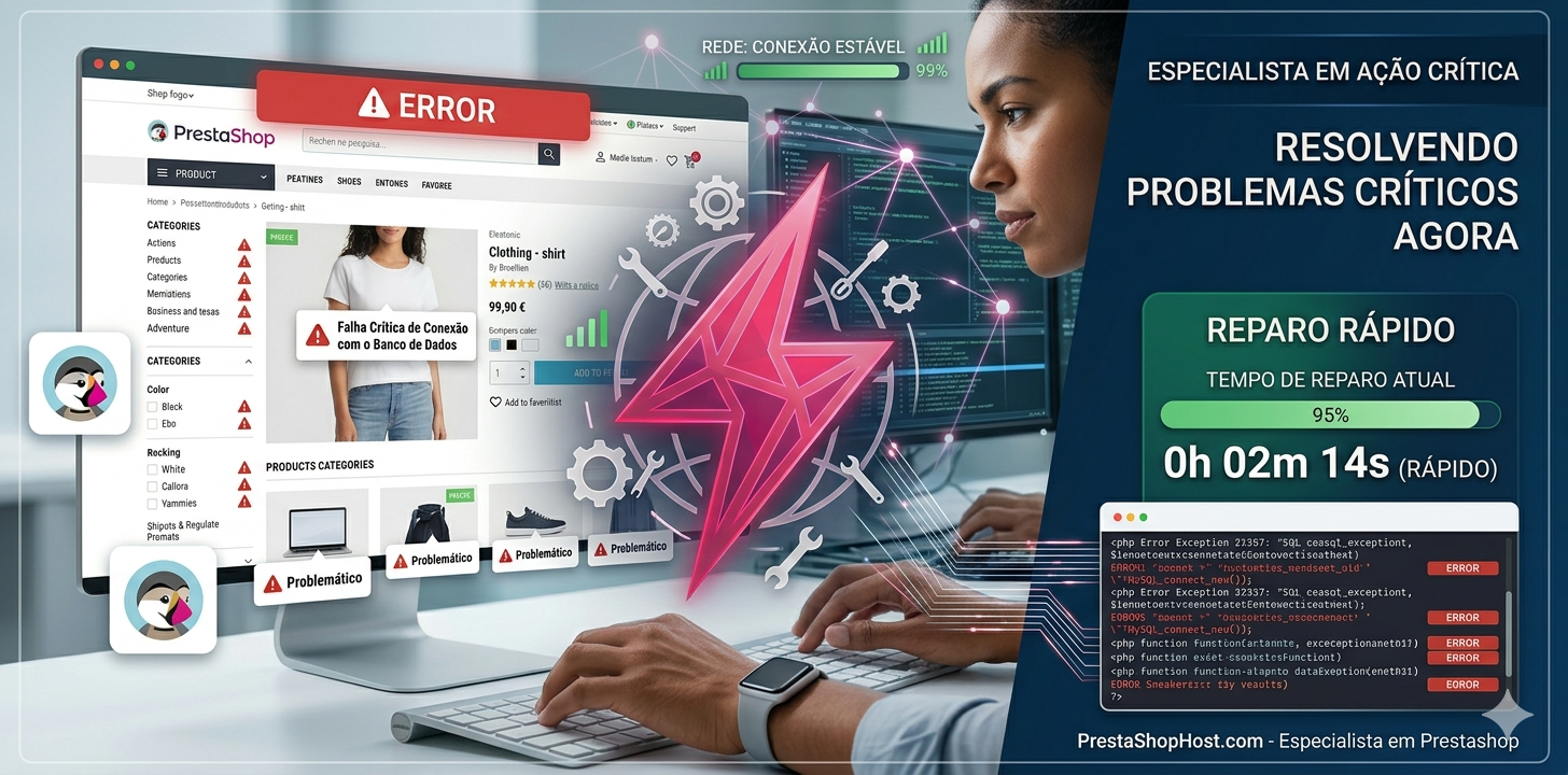 Especialista resolvendo erros no PrestaShop como erro 500, lentidão e checkout travando