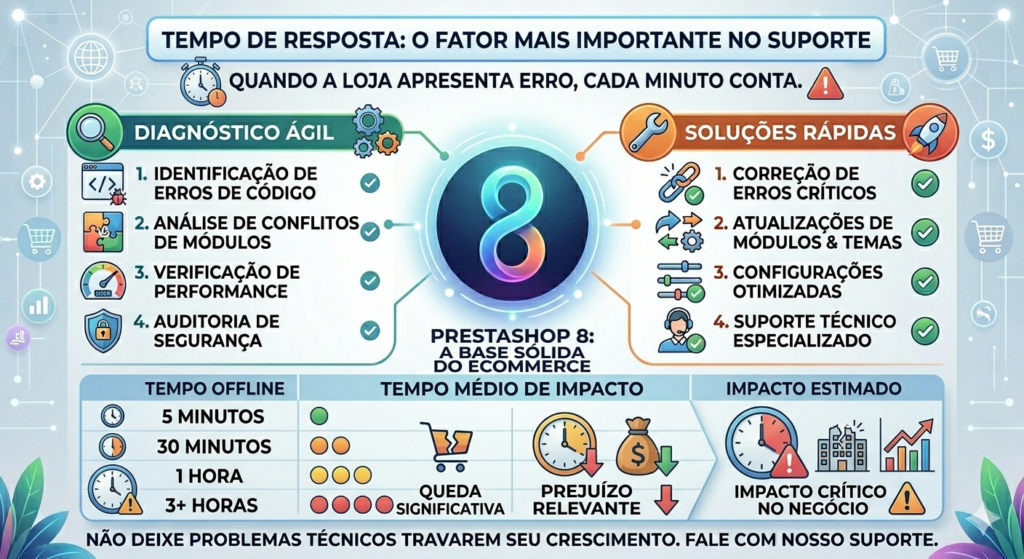 Infográfico clean e moderno "Tempo de resposta: o fator mais importante no suporte". Mantém o estilo da imagem anterior, com o logo do PrestaShop 8 e frase "A base sólida do e-commerce". Duas seções principais: Diagnóstico Ágil e Soluções Rápidas. Matriz inferior de "TEMPO MÉDIO DE IMPACTO" detalha efeitos estimados do tempo offline: 5 MINUTOS (leve), 30 MINUTOS (significativo), 1 HORA (relevante), 3+ HORAS (crítico), com cores e ícones claros.