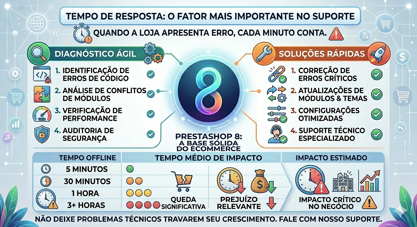 Infográfico clean e moderno "Tempo de resposta: o fator mais importante no suporte". Mantém o estilo da imagem anterior, com o logo do PrestaShop 8 e frase "A base sólida do e-commerce". Duas seções principais: Diagnóstico Ágil e Soluções Rápidas. Matriz inferior de "TEMPO MÉDIO DE IMPACTO" detalha efeitos estimados do tempo offline: 5 MINUTOS (leve), 30 MINUTOS (significativo), 1 HORA (relevante), 3+ HORAS (crítico), com cores e ícones claros.