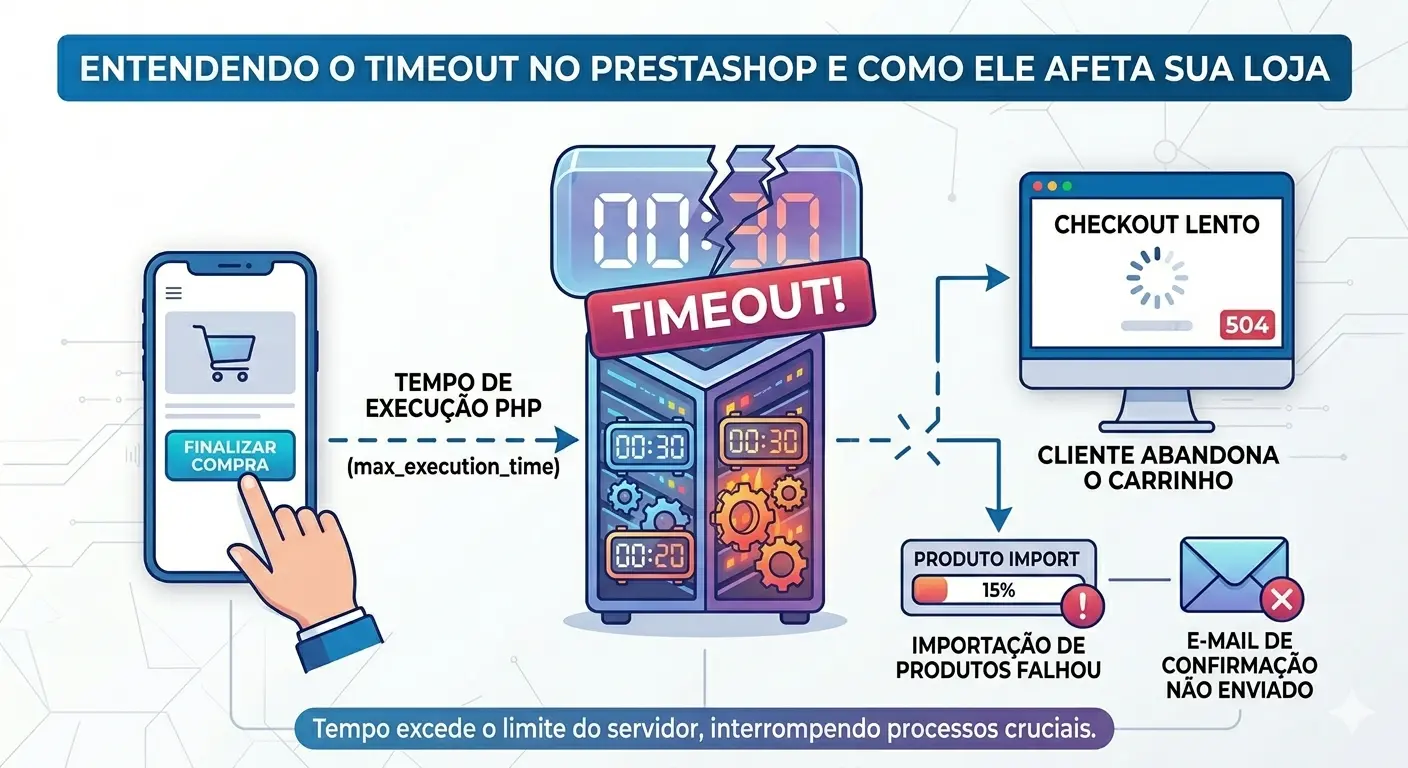 O que é timeout no PrestaShop e como ele interrompe o checkout e a conversão.