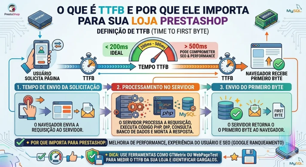Prestashop TTFB Alto: Como Reduzir e Acelerar sua Loja Virtual 1 O que é TTFB e como afeta o SEO no PrestaShop