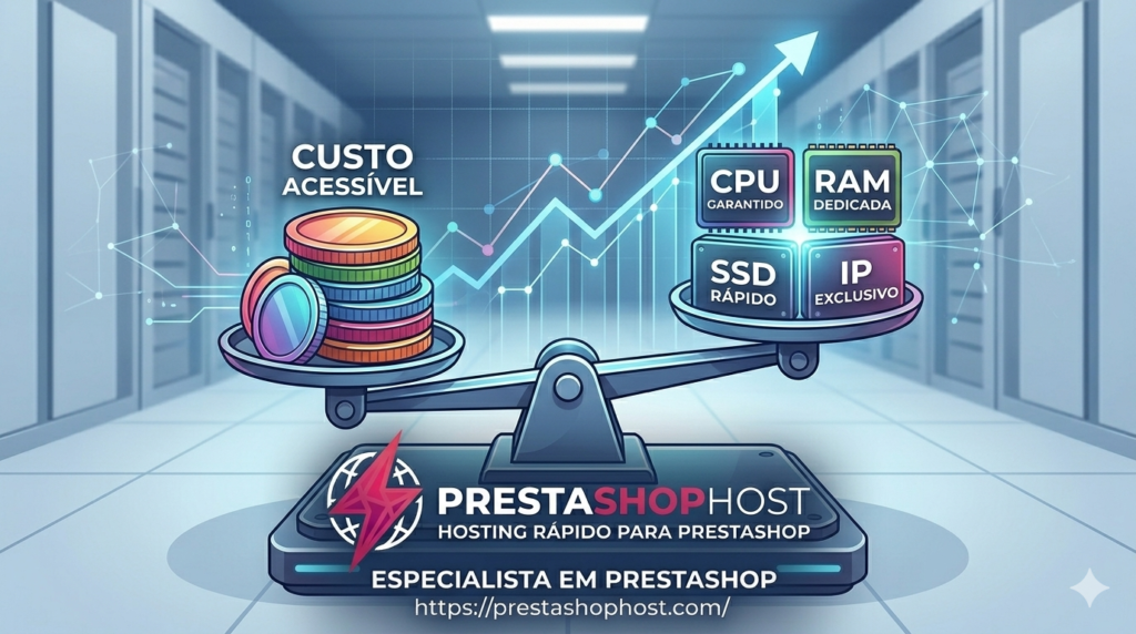 Infográfico dinâmico mostrando uma balança equilibrando moedas de "Custo Acessível" e blocos de recursos VPS garantidos (CPU, RAM, SSD), com o logo da PrestaShopHost e o domínio especialista visíveis como suporte de suporte de confiança.