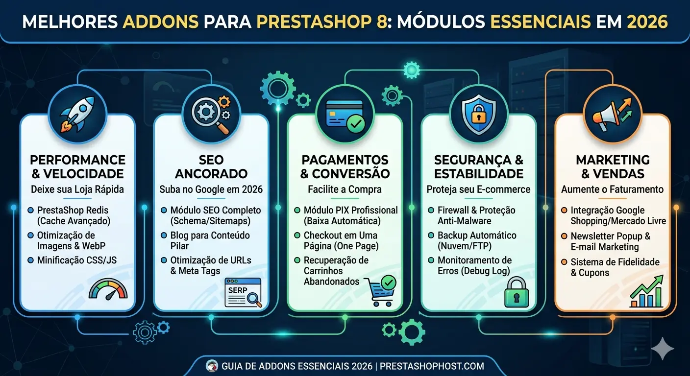 Lista dos melhores módulos para PrestaShop 8 em 2026 incluindo addons de SEO, performance, pagamento PIX, segurança e marketing