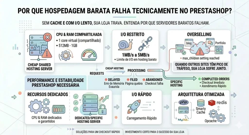 Infográfico técnico detalhando gargalos de CPU, RAM e I/O, além de problemas de overselling e erros comuns de PHP e MySQL em hospedagens compartilhadas.