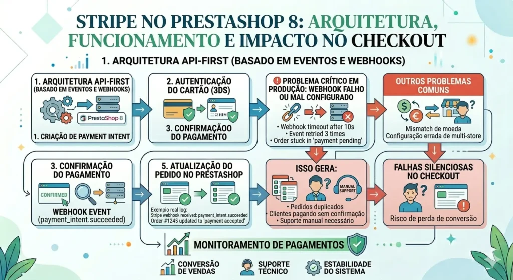 Diagrama técnico da integração Stripe no PrestaShop 8, mostrando o fluxo de Payment Intent, webhooks, autenticação 3DS e os riscos de falhas silenciosas por erros de configuração de URL de retorno.