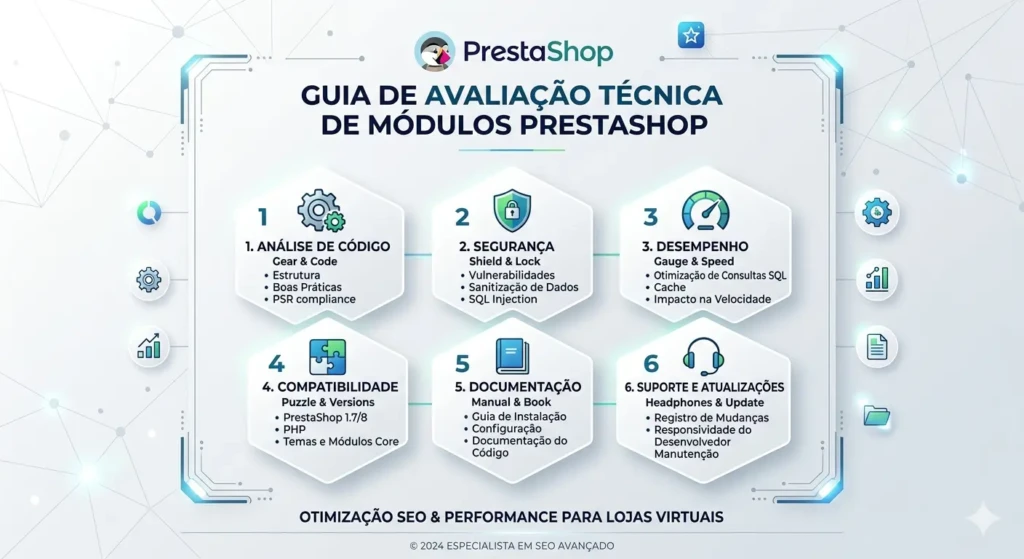 Infográfico central de PrestaShop com o título "Guia de Avaliação Técnica de Módulos PrestaShop" e seis hexágonos detalhando passos para otimização SEO e performance.