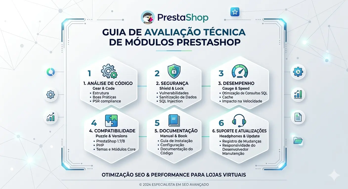 Infográfico central de PrestaShop com o título "Guia de Avaliação Técnica de Módulos PrestaShop" e seis hexágonos detalhando passos para otimização SEO e performance.