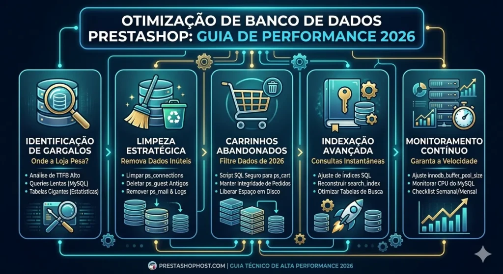Otimização de Banco de Dados PrestaShop: O Guia Definitivo (Versão 2.0) 1 Diagrama de otimização de banco de dados PrestaShop mostrando limpeza de tabelas, indexação SQL, carrinhos abandonados e melhoria de performance