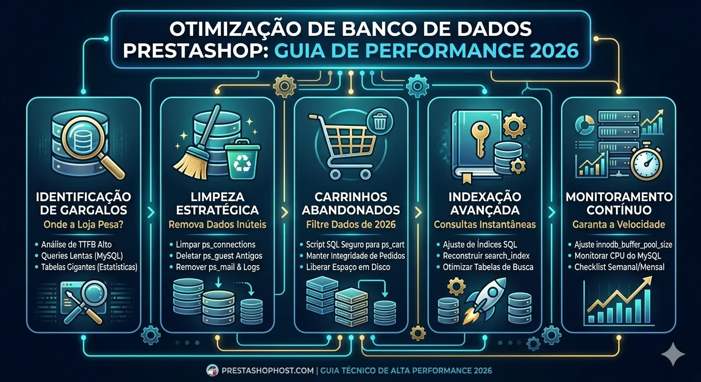 Diagrama de otimização de banco de dados PrestaShop mostrando limpeza de tabelas, indexação SQL, carrinhos abandonados e melhoria de performance