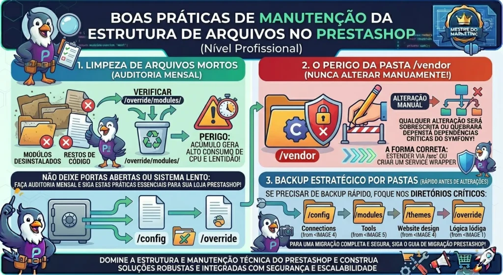 Infográfico ilustrando boas práticas de manutenção técnica para a estrutura de arquivos PrestaShop, focando na limpeza de módulos desinstalados, segurança da pasta /vendor e backup estratégico de pastas críticas.