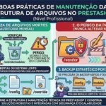 Infográfico ilustrando boas práticas de manutenção técnica para a estrutura de arquivos PrestaShop, focando na limpeza de módulos desinstalados, segurança da pasta /vendor e backup estratégico de pastas críticas.