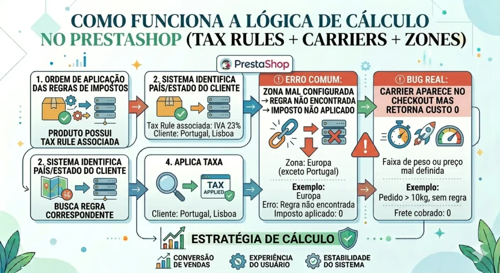 Diagrama técnico da lógica de cálculo do PrestaShop, mostrando o fluxo entre Tax Rules, Zones e Carriers, com alertas para erros de zona mal configurada e frete com custo zero.