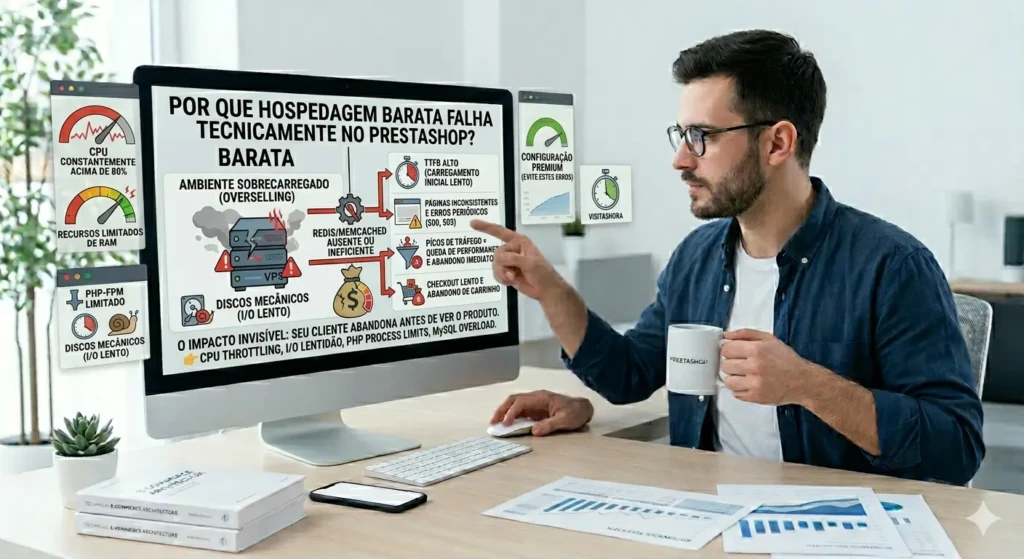 Falhas técnicas em hospedagem PrestaShop barata com overselling, discos lentos, ausência de Redis e erros 503 em picos de tráfego