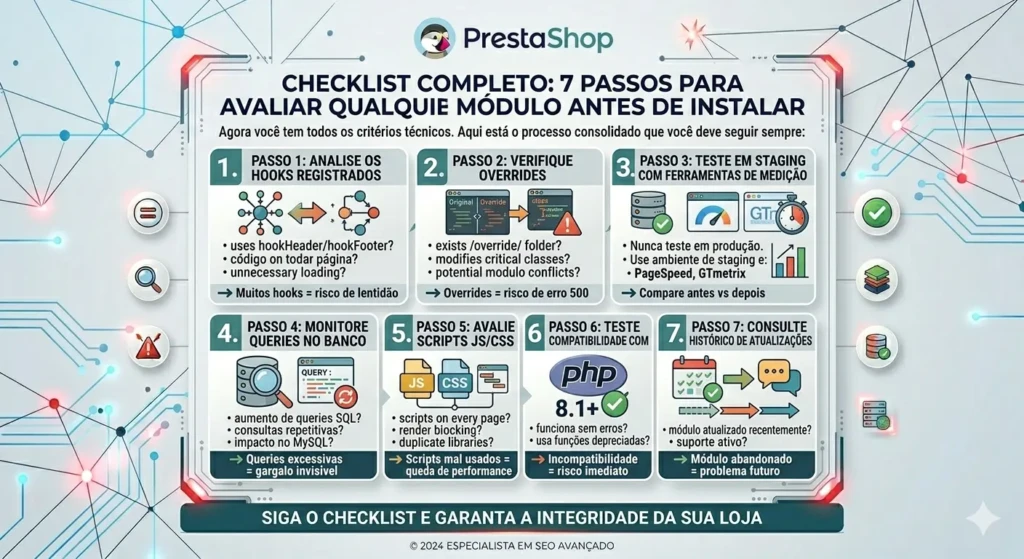 Infográfico detalhado apresentando um checklist de 7 passos para avaliar módulos PrestaShop antes da instalação, cobrando hooks, overrides, testes em staging, queries SQL, scripts JS/CSS, compatibilidade PHP 8.1 e histórico de atualizações.