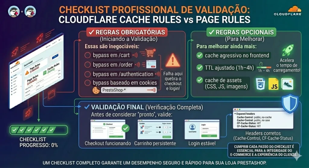Checklist técnico para validar a configuração do Cloudflare no PrestaShop, incluindo regras de bypass obrigatórias e validação de headers.