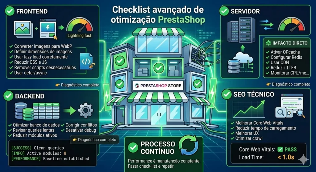 Web Vitals no PrestaShop: Acelere sua Loja e Converta Mais 8 Checklist técnico de otimização PrestaShop dividido em Frontend, Backend, Servidor e SEO Técnico.