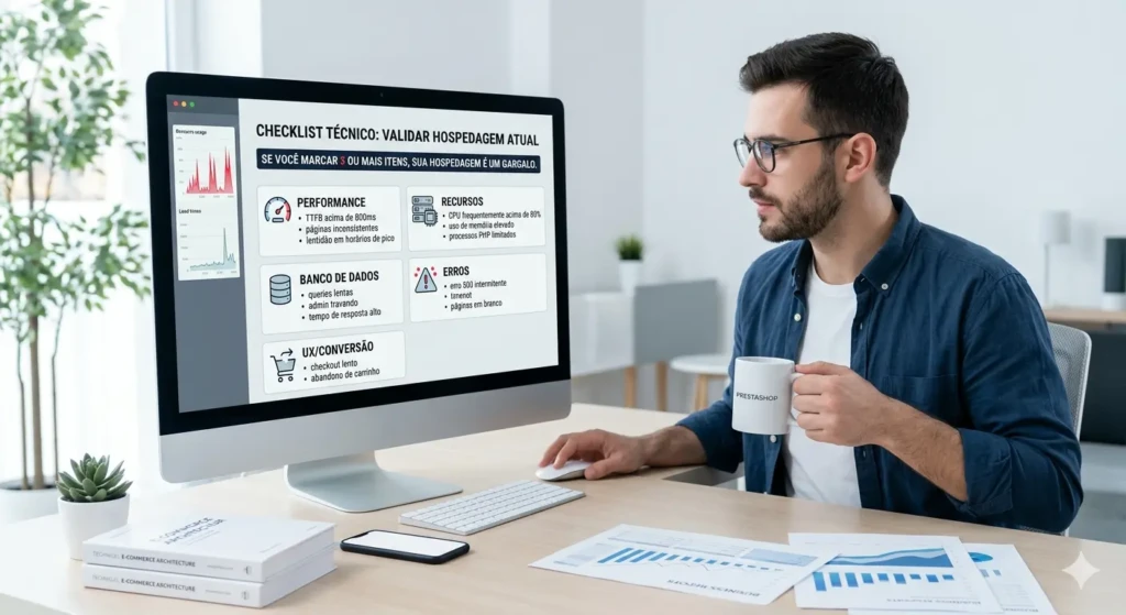 Checklist técnico de hospedagem PrestaShop sendo analisado com foco em TTFB alto, lentidão no MySQL, erros 500 e gargalos de performance no servidor