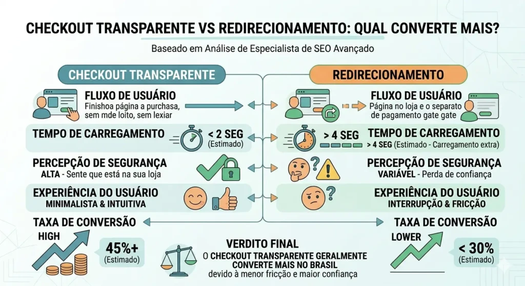 Comparação de fluxo de usuário entre checkout transparente e redirecionamento externo no PrestaShop.