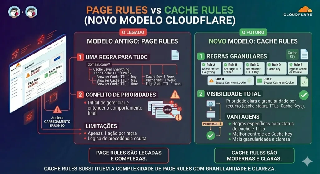 Comparativo entre o modelo legado de Page Rules e o novo modelo de Cache Rules do Cloudflare para lojas PrestaShop.