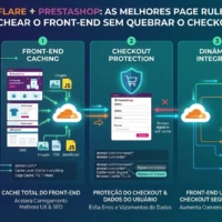 Infográfico mostrando as melhores Page Rules do Cloudflare para PrestaShop, divididas em Cache de Front-end e Proteção de Checkout.