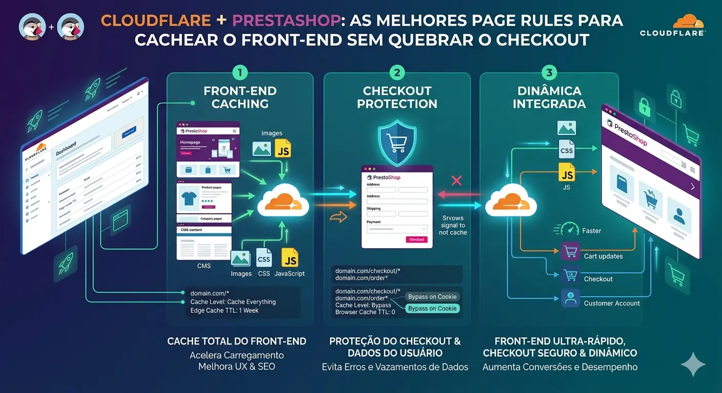 Infográfico mostrando as melhores Page Rules do Cloudflare para PrestaShop, divididas em Cache de Front-end e Proteção de Checkout.