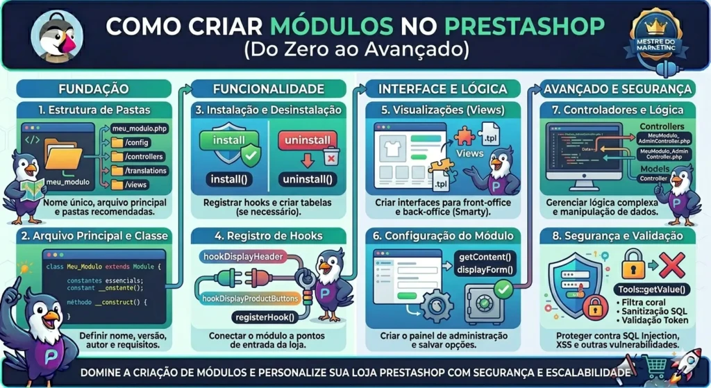 Infográfico completo mostrando o fluxo de criação de módulos no PrestaShop, desde a fundação (estrutura de pastas) até conceitos avançados de segurança e controladores.