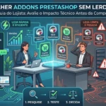 Infográfico comparativo mostrando uma loja PrestaShop rápida com checklist de avaliação de módulos versus uma loja lenta com excesso de addons sem critérios.